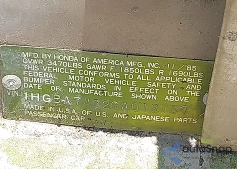 1986 Honda Accord Lx из США, поврежденный, VIN 1HGBA7432GA013759